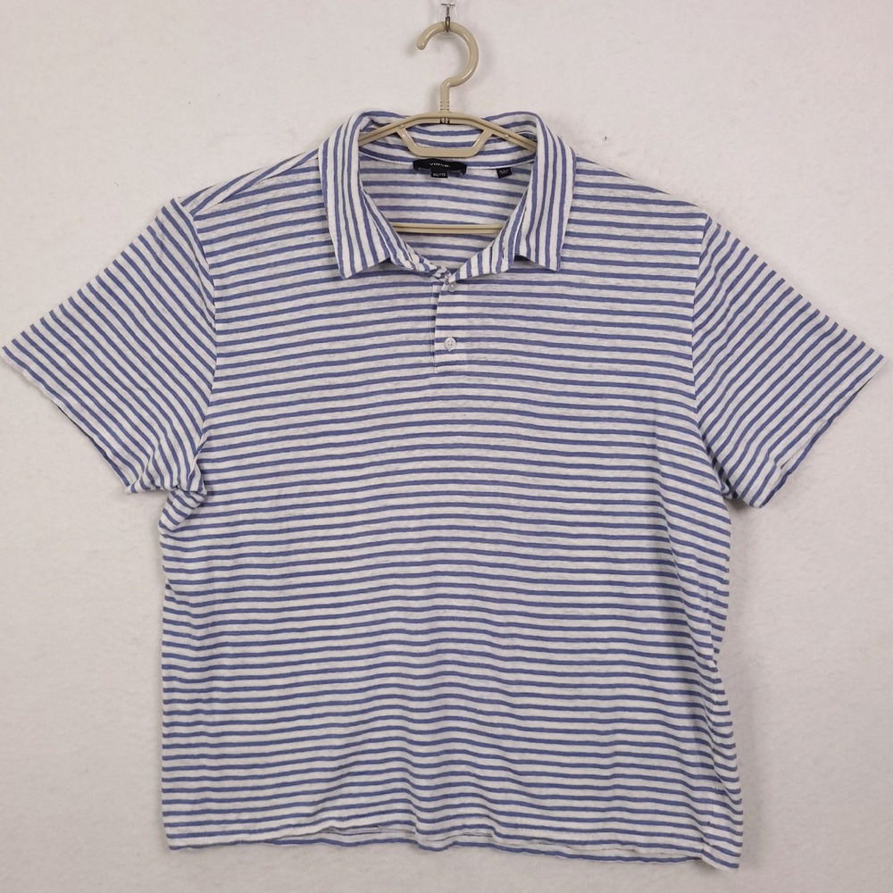 Vince Polo Shir Mens 2XL Blue White Striped 100% Linen Short Sleeve Preppy
